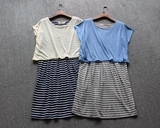 外贸原单出口日本剪标假两件条纹棉麻拼接中长款T恤连衣裙
