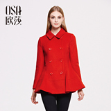 OSA欧莎2015冬季新品女装时尚双排扣荷叶下摆毛呢外套SD557005