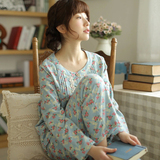 春秋新款 日系女士纯棉绒长袖睡衣 复古优雅花卉绒布家居服套装