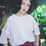 2016夏装新款韩版宽松简约竹节棉上衣女学生 韩范原宿短袖白色T恤
