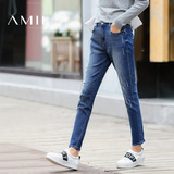 （预售）Amii[极简主义]2016秋新款直筒修身洗水磨破牛仔裤女长裤