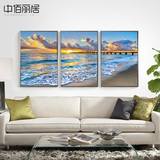 客厅沙发背景墙装饰画现代组合壁画三联简约风景海滩有框挂画壁画