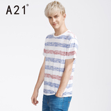 A21男装修身条纹圆领短袖t恤 青春学院潮男个性2016夏季半袖衣服