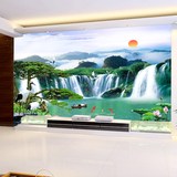 大型壁纸 中式迎客松山水瀑布风景无缝壁画 客厅电视背景墙纸