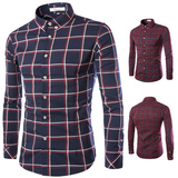 外贸大码2015秋冬新款 高品质 男士格子长袖尖领衬衫衬衣
