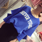 秋装新款韩国chic宽松白字印花字母镂空蝙蝠7分袖圆领T恤女