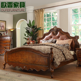 欧霏家具 美式乡村实木床 头层牛皮软靠床 雕刻欧式1.8米双人床