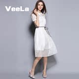 VeeLa条纹网纱短袖连衣裙2016夏季新品欧洲站瘦身显瘦中长款A字裙
