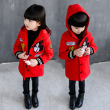 女童韩版红色冬季春秋长款卡通外套冬款米小奇贴标绣呢子大衣