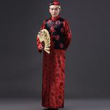中式新郎礼服套装复古地主服红色摄影拍照男长袍婚礼司仪唐装精品