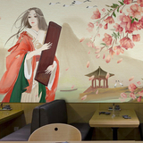中式古典美女3D大型壁画 古筝手绘仕女壁纸 休闲会所酒店客厅墙纸