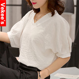2016夏季新款韩版女装大码宽松V领短袖休闲灯笼袖套头衬衫女上衣