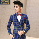 EAST GUQI/东方古骑青年格子长袖西装韩版婚礼新郎礼服套装男修身