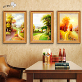风景油画山水纯手绘欧式玄关客厅沙发墙三联现代装饰画竖版定制画