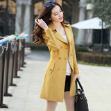 2016春秋薄款风衣女中长款韩版修身纯色大码双排扣西装领长袖外套