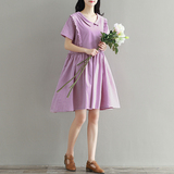 安妮森林2016新款夏季文艺棉麻连衣裙中长款宽松紫色短袖裙子女裙
