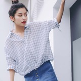 夏季韩国学院风宽松休闲蝙蝠袖七分袖棉麻套头格子衬衫衬衣女上衣