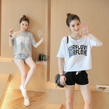 夏季韩版宽松大码端庄女款全棉字母T恤+短袖运动休闲两件套装学生