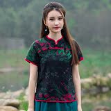 中国风复古文艺范女T恤 棉麻印花民国女装 盘扣立领个性修身短袖