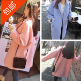 2016春季韩版纯棉中长款廓形毛呢外套宽松显瘦纯色大衣女学生风衣