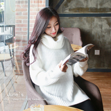 韩国2015秋冬新款韩版慷懒粗棒针织纯色中长款复古宽松高领毛衣女