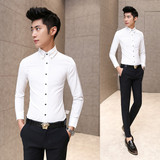 韩国明星同款潮男大领子衬衣修身韩版白色新郎发型师紧身长袖衬衫