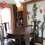 中式圆餐桌椅 简约中式古典餐桌椅 全实木明清仿古 老榆木圆餐桌
