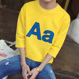 2016青少年夏装新款撞色字母印花韩版潮男七分袖短袖T恤哈伦半袖