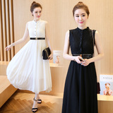 2016夏韩版女装新款潮高领无袖名媛气质长裙子 黑白色蕾丝连衣裙