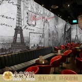 黑白风素描大型壁画城市风景铁塔建筑美式壁纸客厅卧室咖啡厅墙纸