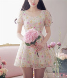 韩国Milkcocoa正品代购 新款韩版甜美印花碎花朵修身短袖 连衣裙