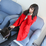 2015秋冬韩版新款阿依莲时尚气质西装领大红色口袋排扣毛呢外套女