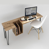北欧 台式桌书桌简约书架铁艺宜家电脑桌带书柜实木家用办公桌