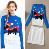 2016早春新款卡通小狗图案修身蓝色针织PU白色半裙圣诞两件套套装