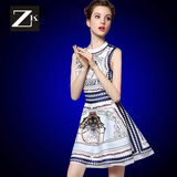 ZK2016新款夏装连衣裙女装印花连衣裙气质复古拼接连衣裙A字裙潮