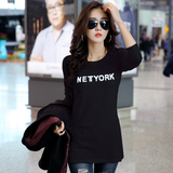 2016夏季新款韩版修身中长款字母长袖女士t恤纯棉包臀打底衫上衣