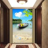 无缝3D立体大型壁画玄关走道地中海海景墙纸背景墙过道走廊海滩画