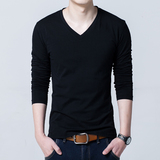 韩版男装男士长袖T恤V领纯色修身打底衫大码衣服上衣春季黑色潮
