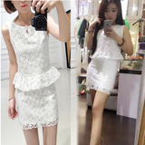夏装韩版修身 无袖镂空白色蕾丝套装裙 高腰显瘦半身裙蕾丝两件套