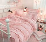 韩国40支高密度纯棉蕾丝花边公主风床单款四件套床上用品粉白蓝