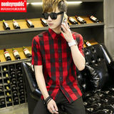 薄款韩版男士纯棉黑红格子长袖衬衫短袖青少年中学生衬衣潮流寸衫