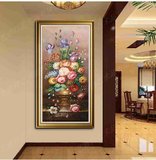 简约欧式古典花卉油画花开富贵玄关走廊过道竖版有框装饰挂画牡丹