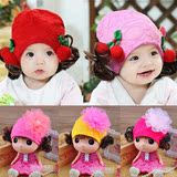 春秋新品超可爱小樱桃蝴蝶结假发蕾丝双层宝宝套头帽婴儿拍照帽子