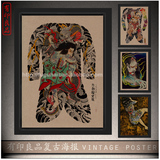 做旧复古装饰海报画 日式传统人物纹身图 大尺寸牛皮纸装饰有框画