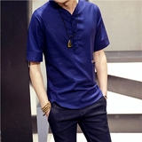 韩国代购新款夏季T恤韩版修身纯色大码T恤亚麻五分短袖衬衫男衬衣