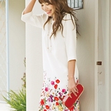 日本正品代购 16夏款 高雅清爽下摆花色设计5分袖精美时尚连衣裙