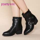 Josiny/卓诗尼冬新款女靴粗跟拉链皮带扣短靴休闲骑士靴144275974