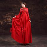 中式婚礼长袖旗袍冬款棉大码高腰孕妇新娘结婚红色礼服敬酒服长款