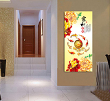 家和富贵牡丹九鱼图现代客厅装饰画玄关单幅竖版无框画过道墙壁画