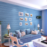 蓝色地中海壁纸竖条纹木板 卧室复古怀旧客厅电视背景无纺布墙纸